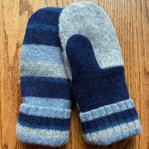 100% Felted Shetland Wool handcrafted Mittens - Navy, Gray, Blue Strip